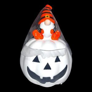 Haunted Manor Gnome On White Pumpkin Jack O Lantern Canister Cookie Candy Jar